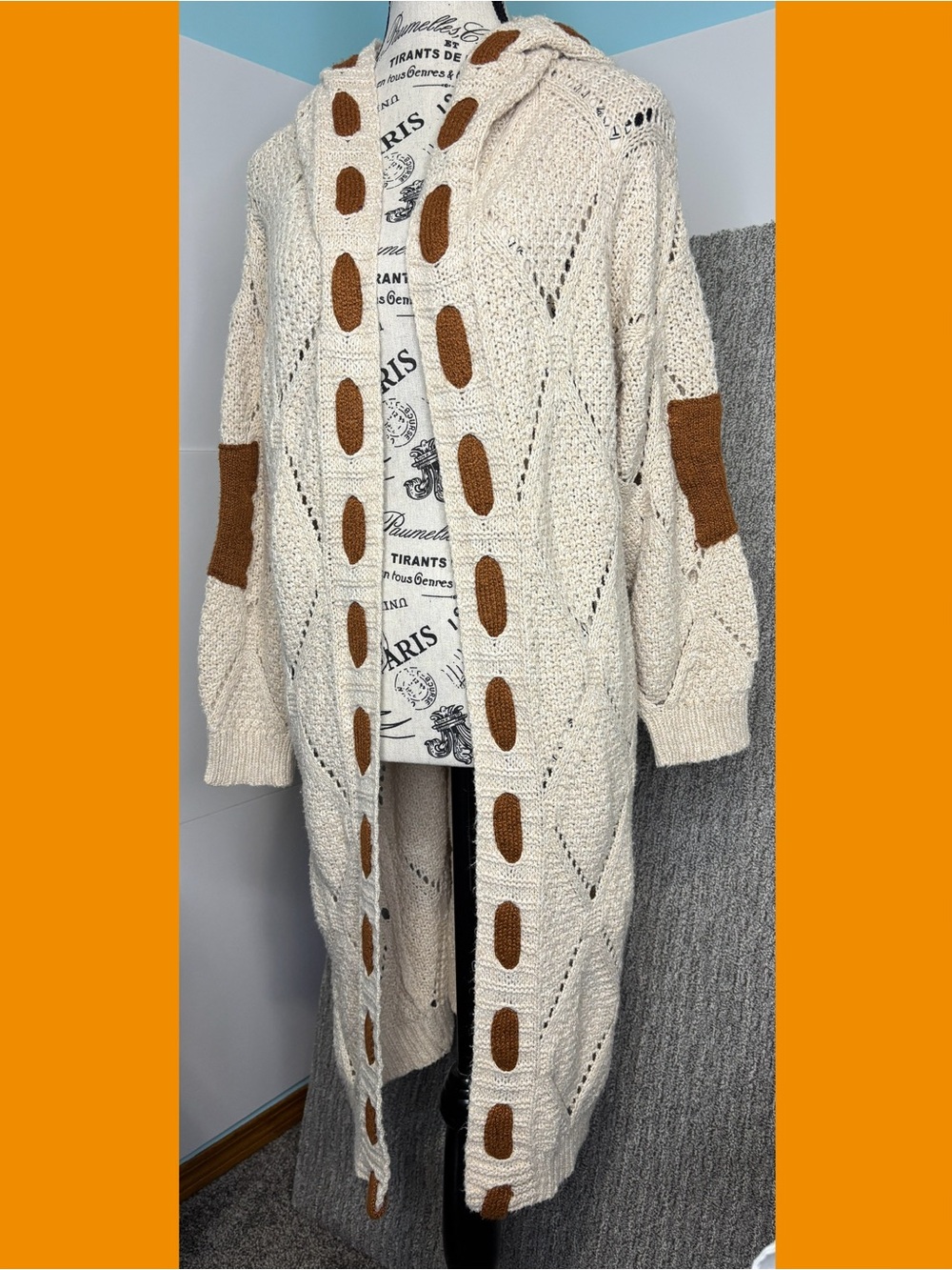 Hooded Open-Front Knit Long Cardigan Brown Elbow Patches Fall Layering Piece